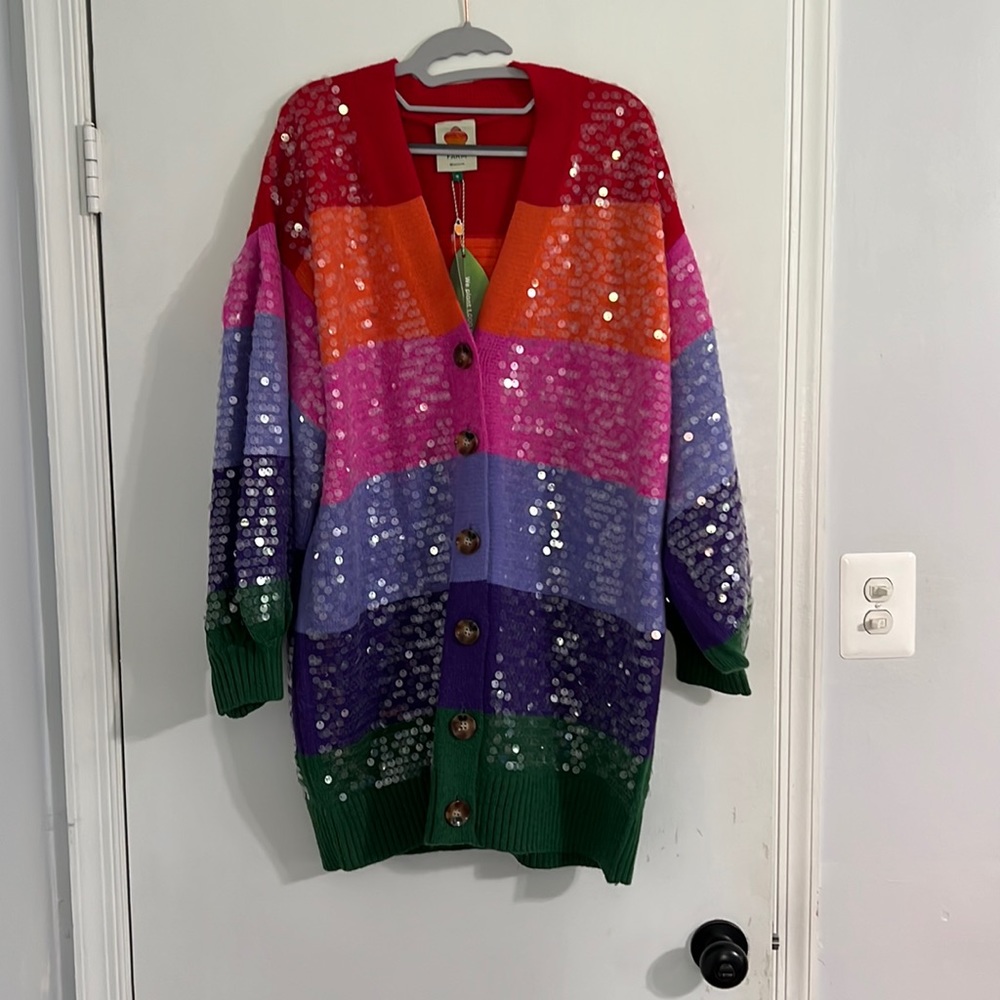 Farm Rio Ombré Stripes Rainbow Sequin Cardigan Size Medium New with Tags